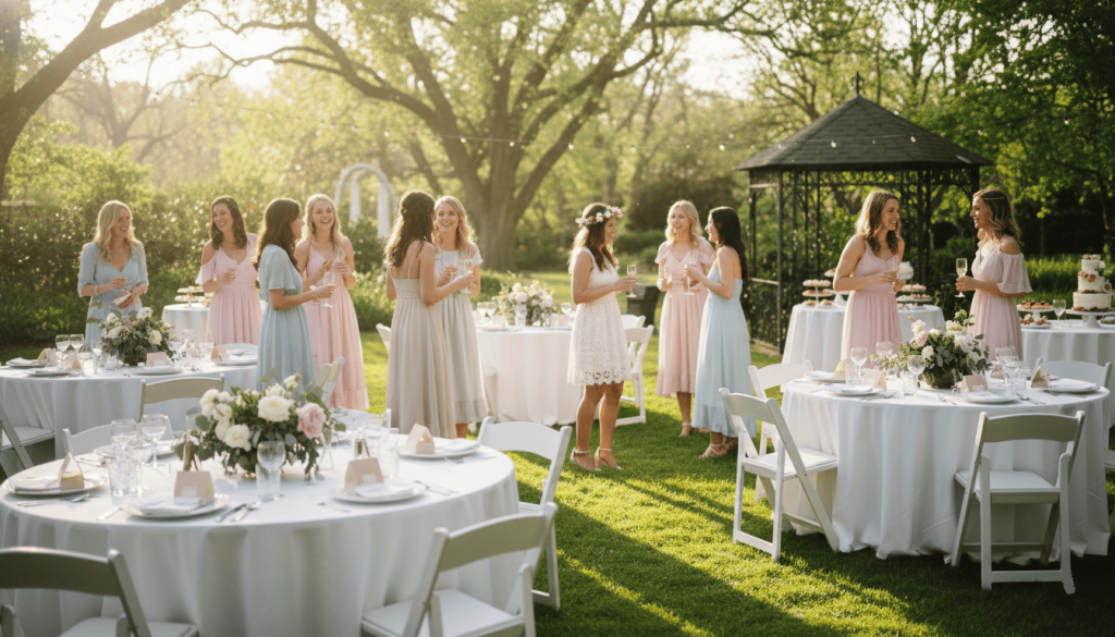 outdoor bridal shower in a garden, guests socializing around decorated tables, afternoon sunlight, relaxed celebration atmosphere