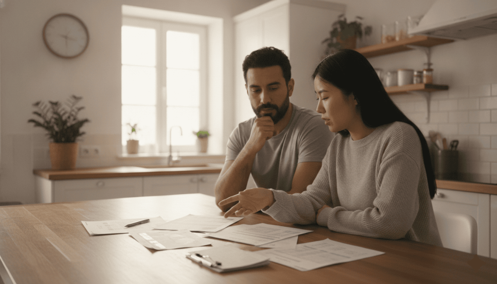 A couple sitting at a wooden kitchen table, looking thoughtfully at financial documents and bills spread out before them.