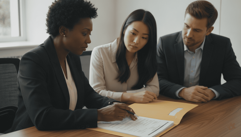 A professional female consultant discussing documents in a folder with a young couple sitting at a wooden conference table.