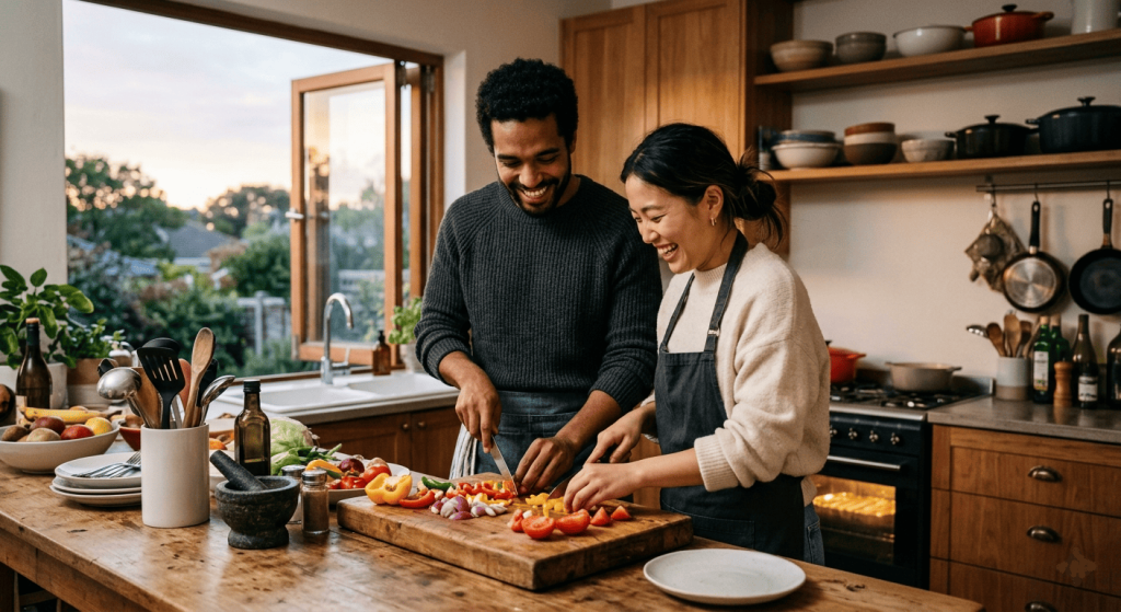 A happy couple smiling and laughing together while chopping fresh vegetables on a wooden cutting board in a brightly lit kitchen.