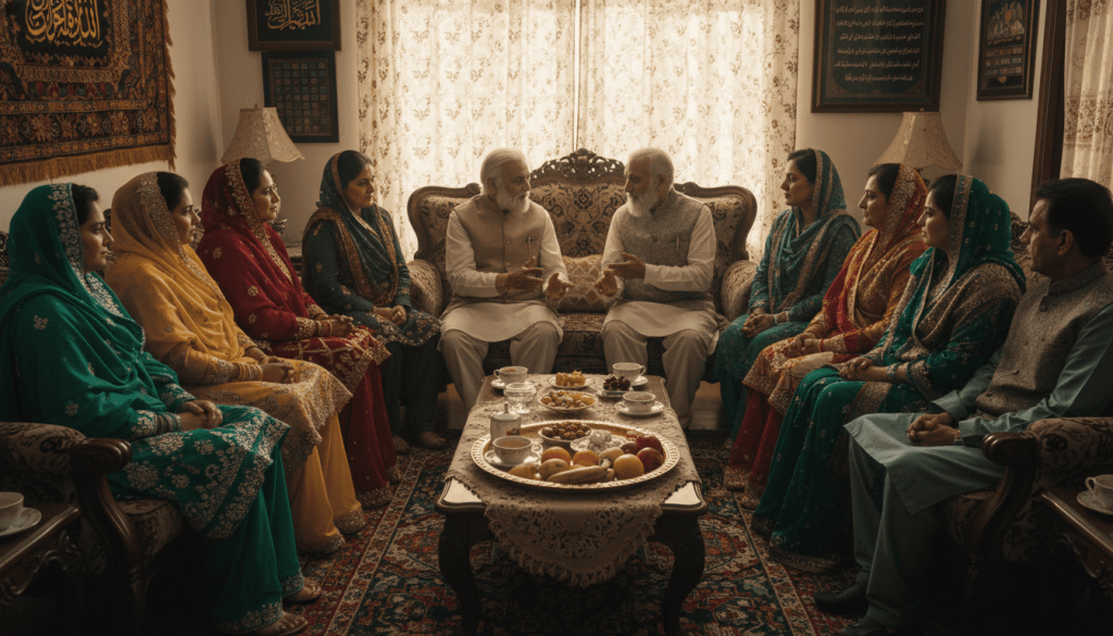 raditional wedding negotiation scene in South Asia, families gathered respectfully in a living room discussing marriage arrangements, culturally authentic clothing