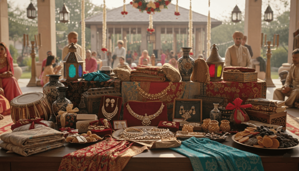 wedding gifts and traditional items displayed on a table during a cultural marriage ceremony, jewelry