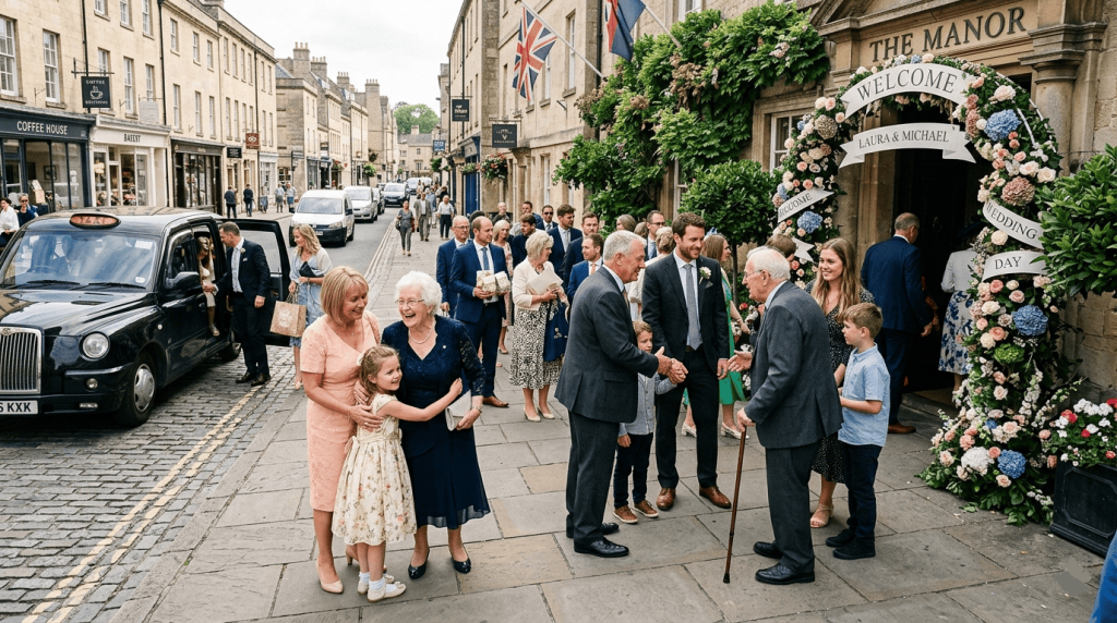treet scene outside a traditional wedding venue, guests arriving, decorated entrance, multiple generations of family members interacting, authentic cultural wedding atmosphere