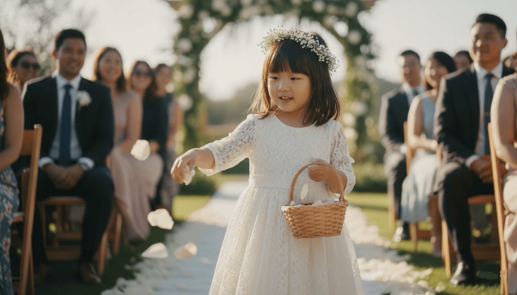 A young flower girl wearing a white lace dress and a baby's breath flower crown tossing flower petals along the aisle during an outdoor wedding ceremony.