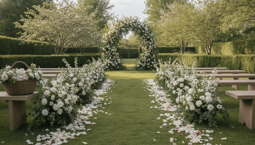 An outdoor wedding ceremony aisle on a green lawn lined with rows of white flowers and white flower petals leading to a floral wedding arch.