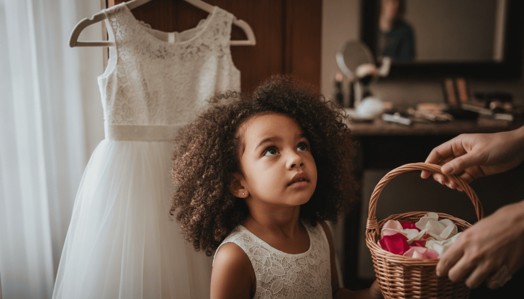 A young girl with curly hair looking up curiously while an adult hands her a wicker basket filled with pink and white flower petals next to a hanging white dress.