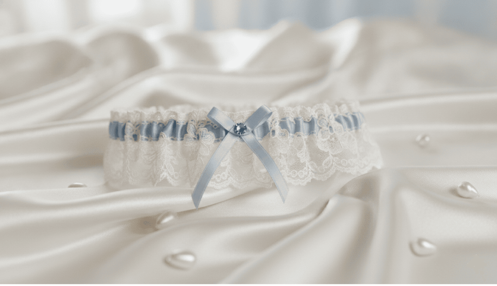 traditional wedding garter on elegant silk fabric, lace details, bridal accessory photography