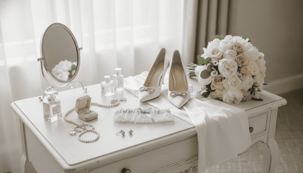 Wedding preparation scene featuring bridal accessories arranged on a dressing table, garter, shoes, jewelry, bouquet, elegant styling