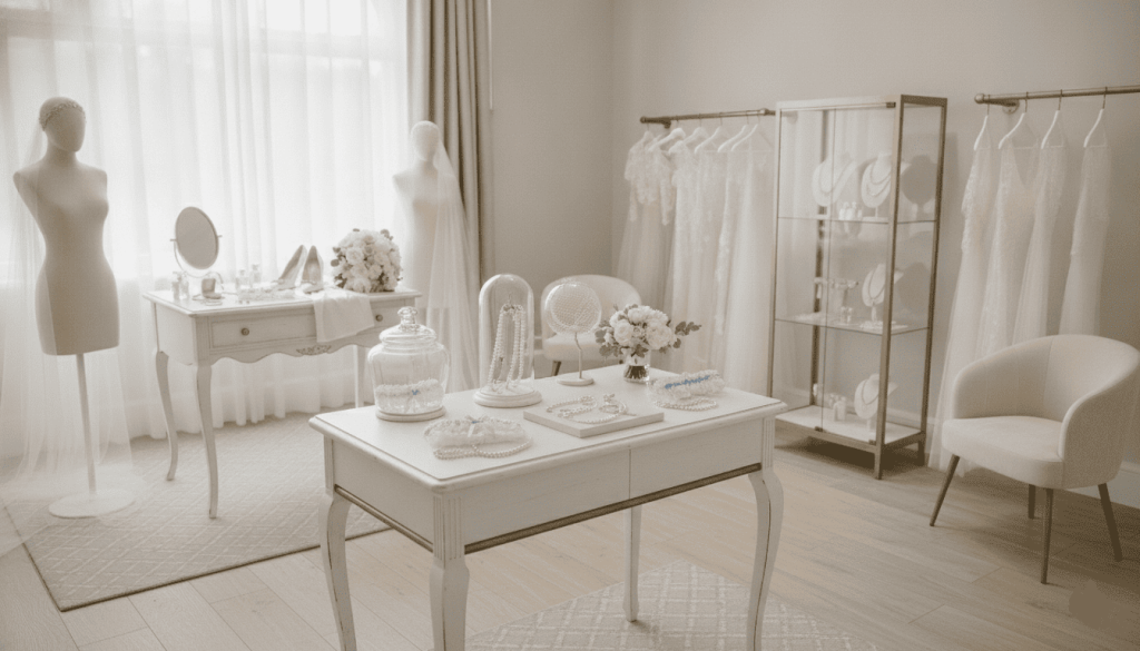 Bridal boutique displaying wedding accessories including garters, veils and jewelry, elegant retail presentation