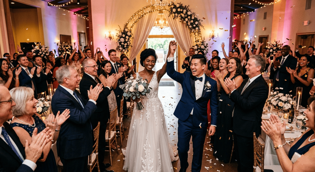 What Is a Grand Entrance at a Wedding.jpg A joyful bride and groom holding hands and smiling during their grand entrance at a wedding reception while guests stand and applaud.
