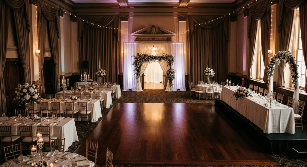 A spacious indoor wedding reception hall featuring a large polished wooden dance floor surrounded by tables, elegant drapes, string lights, and floral arches.
