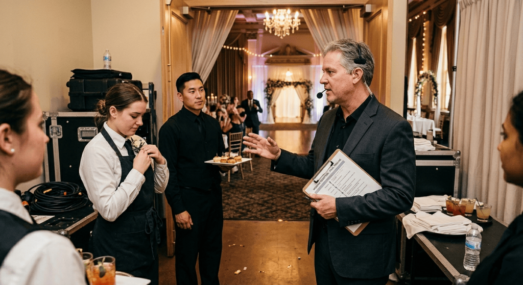 A wedding coordinator with a headset and clipboard speaking to the catering staff in black outfits inside a wedding venue hall.