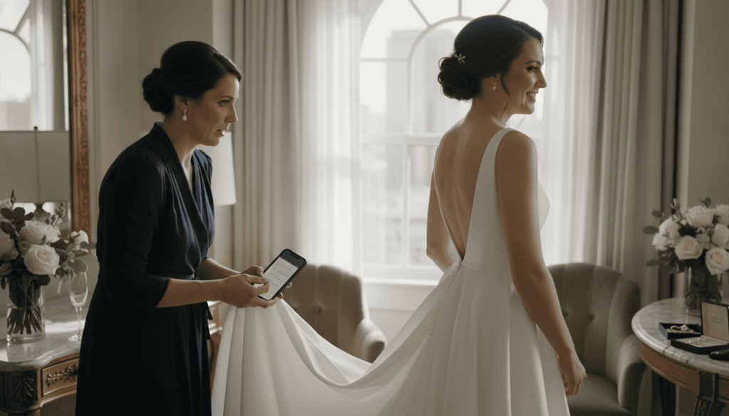 wedding preparation scene, maid of honor in her early 30s helping the bride get ready inside an elegant bridal suite, adjusting the bride's dress while checking a wedding timeline on her phone, natural morning light through large windows