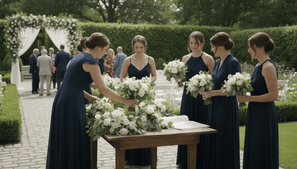 wedding venue during ceremony preparations, wedding party members coordinating details, maid of honor visible among bridesmaids helping organize bouquets and seating arrangements, busy yet elegant atmosphere, outdoor garden wedding