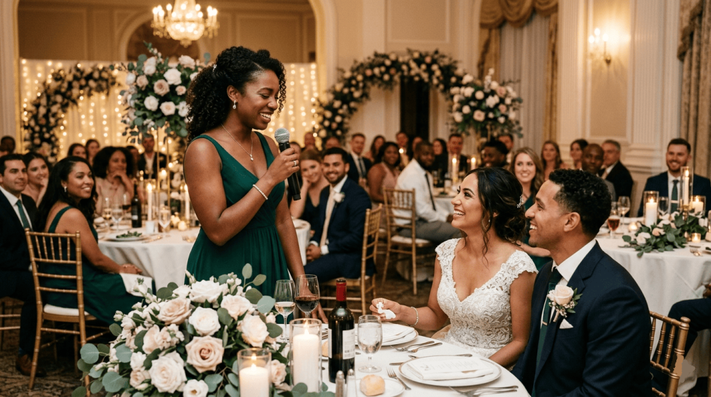 wedding reception, female maid of honor giving a heartfelt speech during dinner, guests listening attentively, bride and groom smiling at the head table, elegant wedding venue with floral decorations and warm lighting