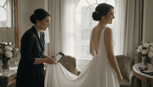 wedding preparation scene, maid of honor in her early 30s helping the bride get ready inside an elegant bridal suite, adjusting the bride's dress while checking a wedding timeline on her phone, natural morning light through large windows