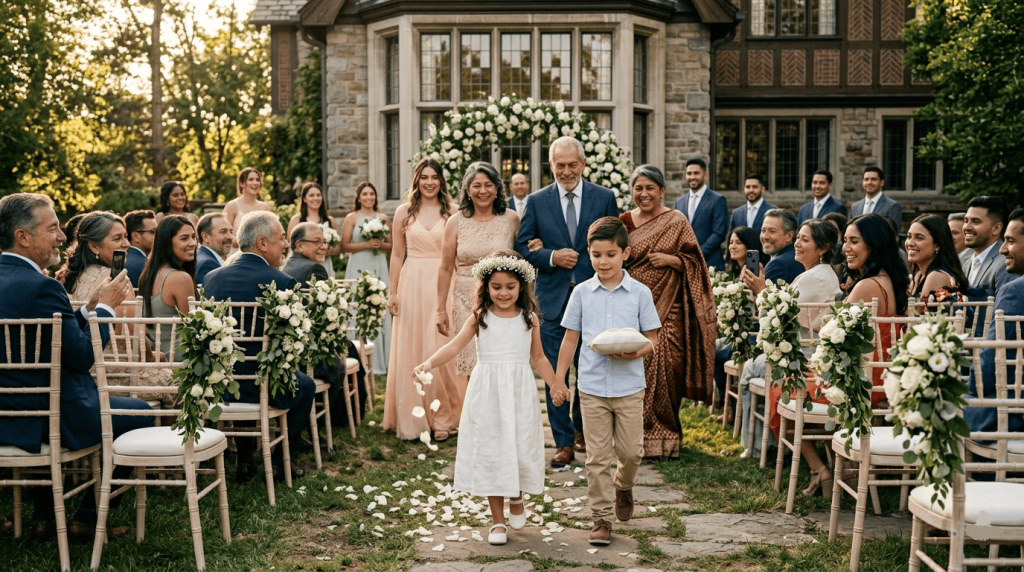 decorated ceremony aisle moments before the processional begins, flower petals lining the pathway, elegant chairs, guests taking their seats