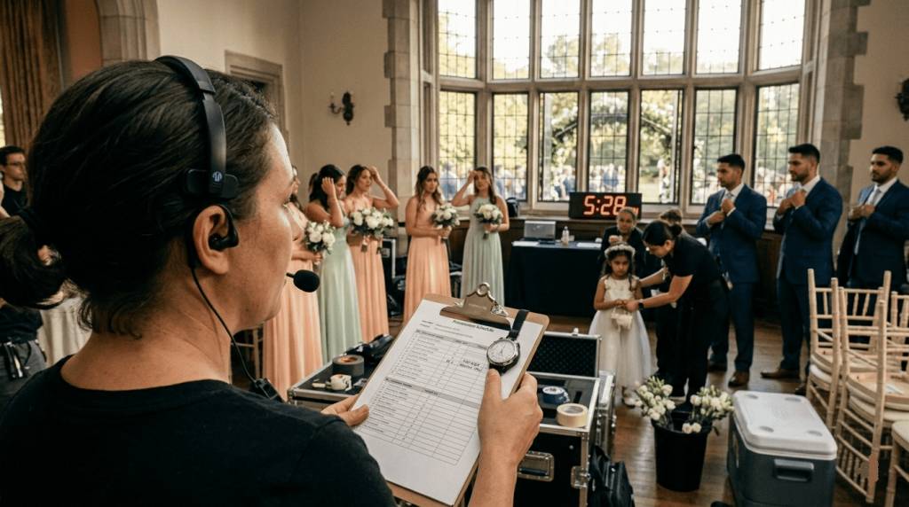 wedding coordinator wearing a communication headset, giving timing instructions before the processional starts, active preparation area