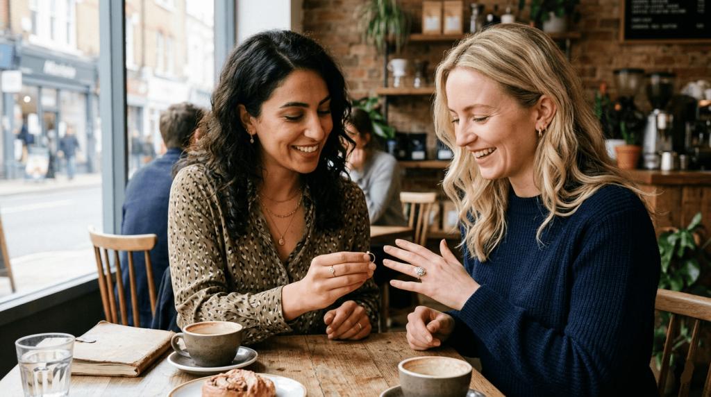 Two happy women sitting at a coffee shop table, smiling as one shows her diamond engagement ring to the other.