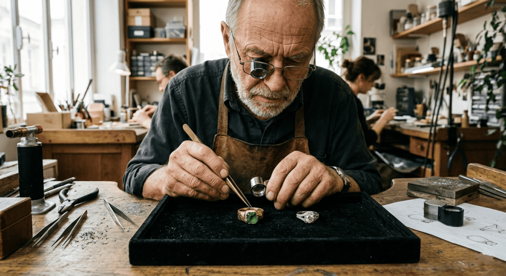 An older jeweler wearing an apron and magnifying loupe glasses meticulously working on a green gemstone ring and a diamond ring at his workbench.