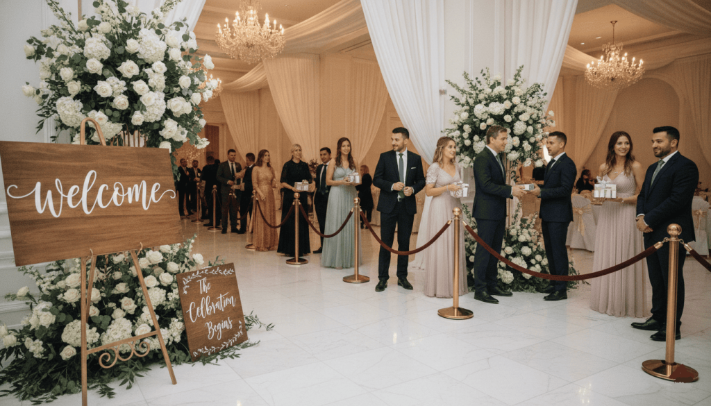 newlyweds greeting guests in a receiving line, handshakes, hugs, smiles, diverse group of family and friends