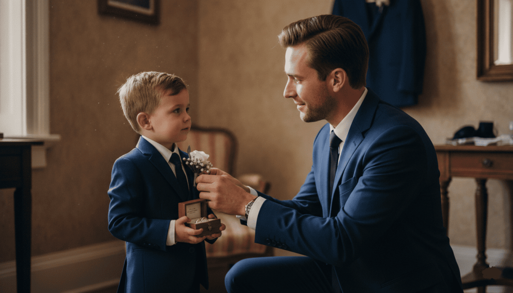A man kneeling down to attach a boutonniere onto a young boy's blue suit jacket while the boy holds an open wooden ring box.