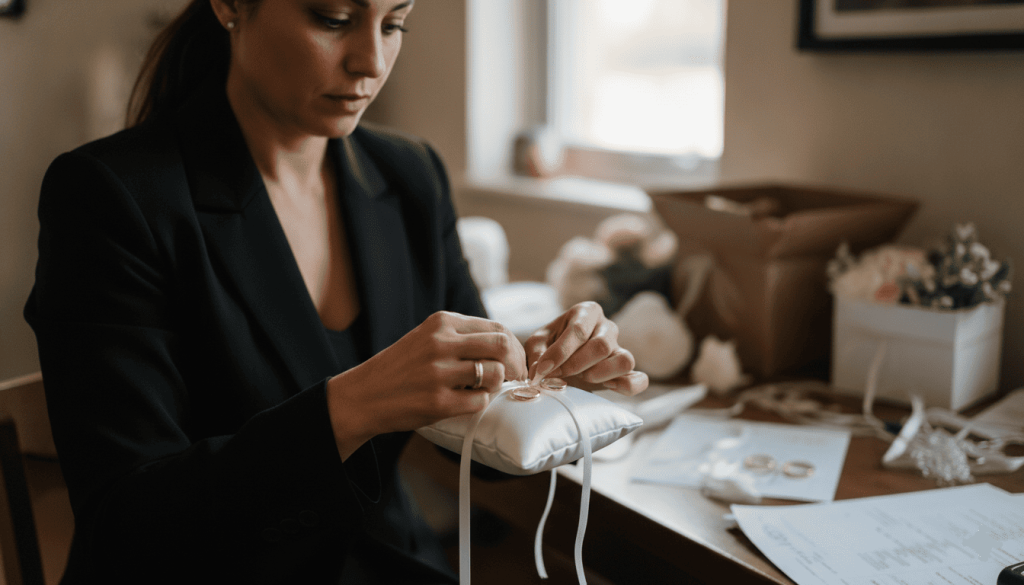 A woman in a black blazer carefully tying wedding bands onto a small satin ring bearer pillow at a cluttered desk.