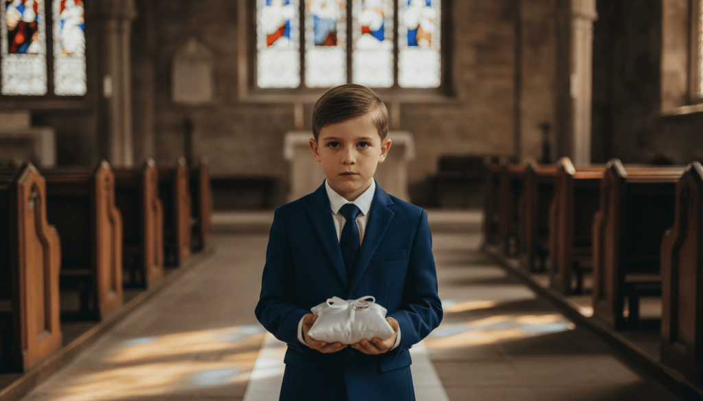 A young boy in a blue suit and tie standing in the middle aisle of a church, holding a small white wedding ring pillow.