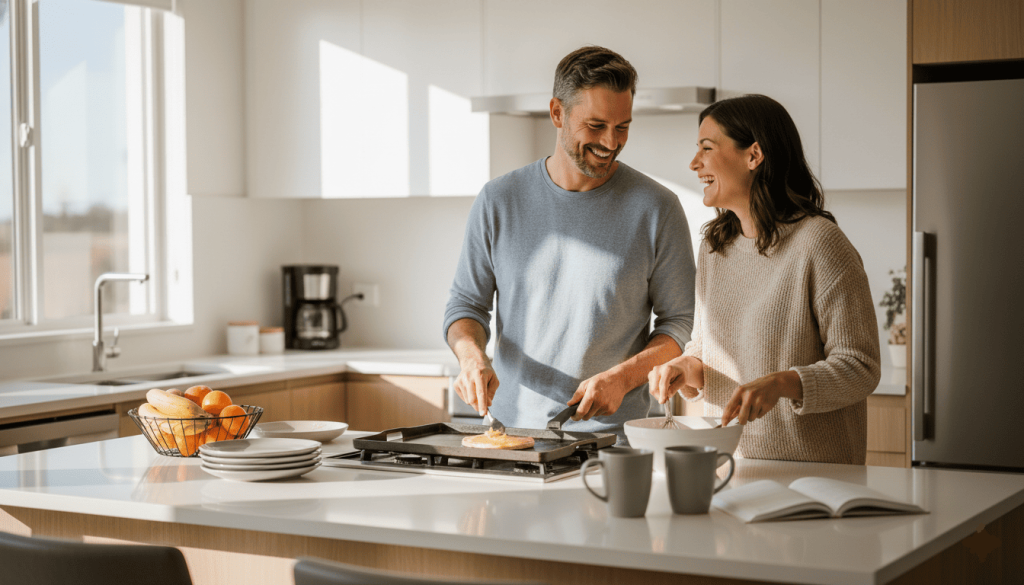 married couple preparing breakfast together in a bright modern kitchen, authentic interaction, natural smiles, everyday married life