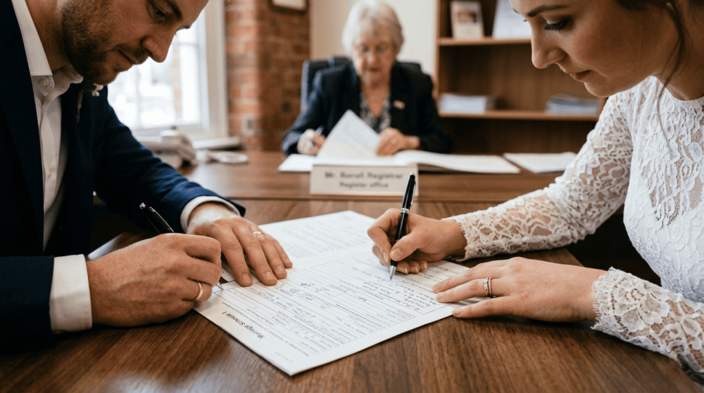 two people signing official marriage-related documents together, wedding rings visible, professional setting