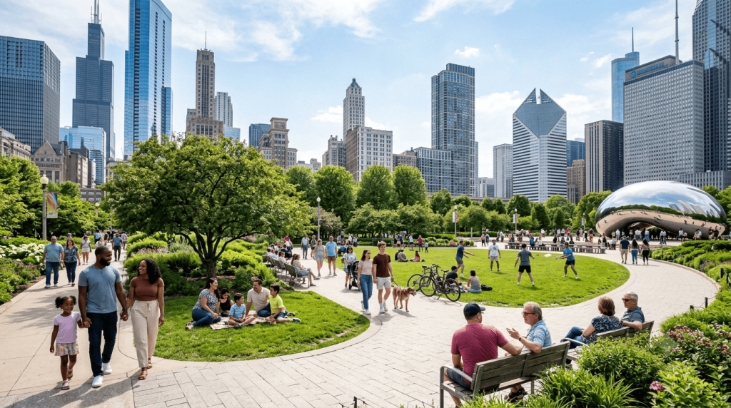 public park in a modern city, couples and families enjoying a sunny afternoon, people walking, talking and relaxing