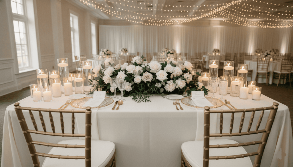 beautifully decorated sweetheart table before the reception starts, luxurious floral arrangements, candles, elegant chairs