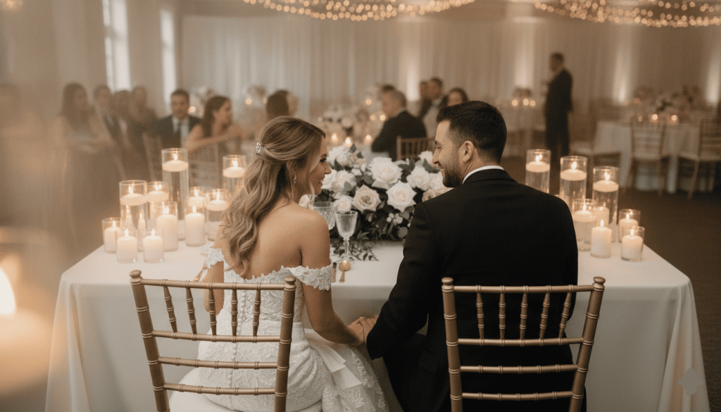 newly married couple seated alone at a sweetheart table, exchanging smiles and conversation, elegant floral centerpiece