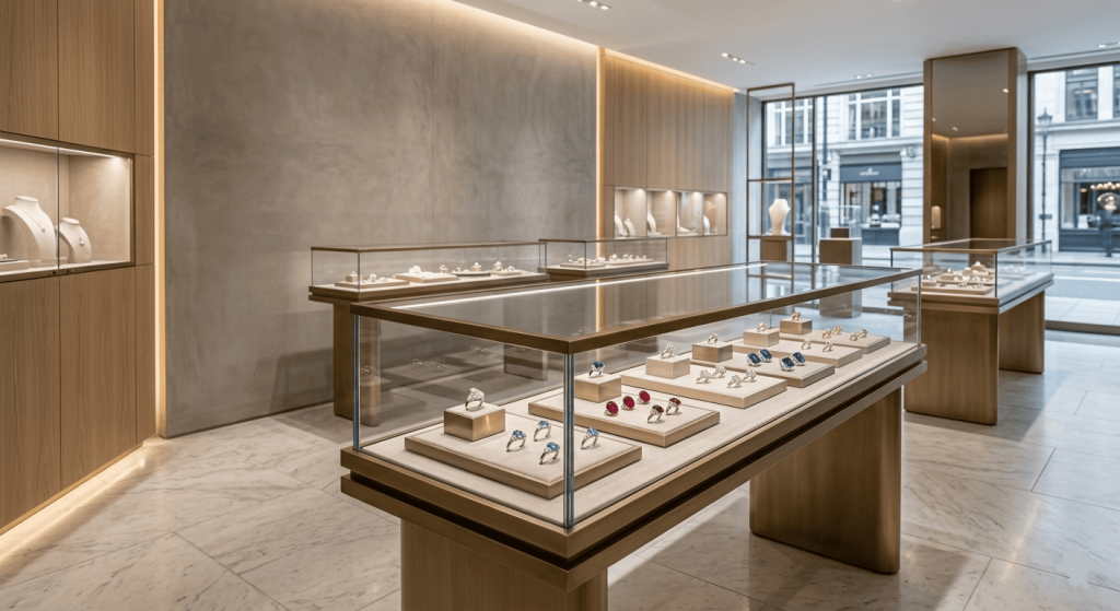 An elegant jewelry store interior featuring modern glass display cases illuminated with warm lighting showcasing various rings.