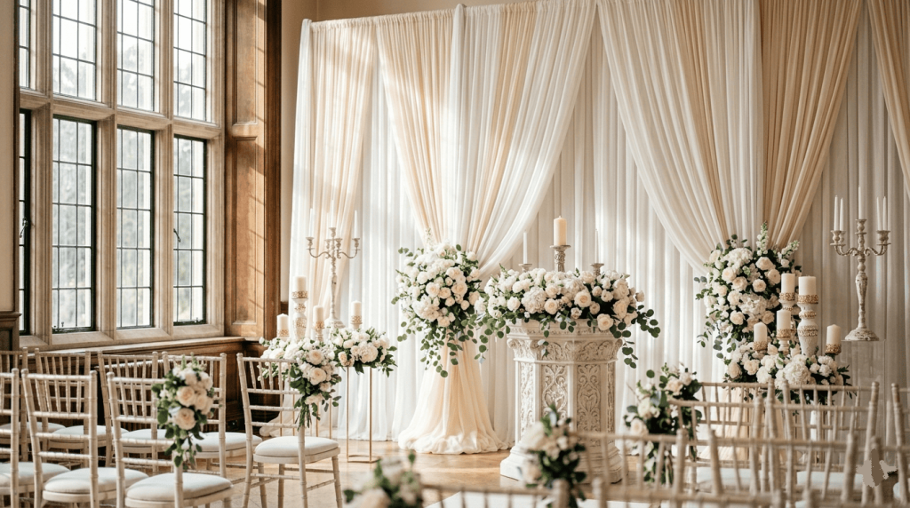 wedding ceremony altar prepared for a unity candle ritual, decorative candles, white floral arrangements, soft draped fabric
