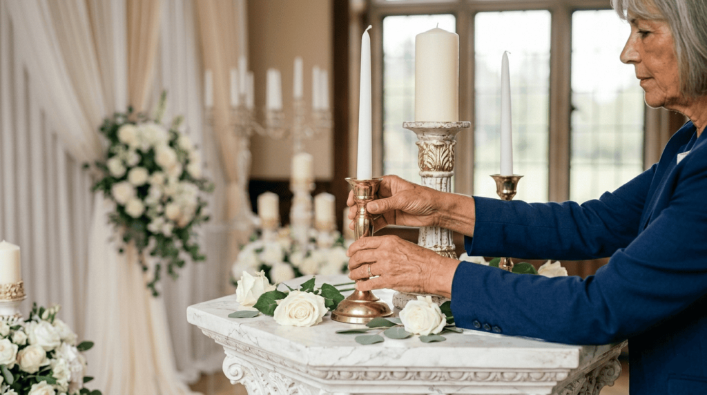 older female officiant arranging ceremonial candles before guests arrive, hands carefully positioning candle holders, blurred ceremony venue in the background