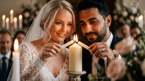 Nordic bride with blonde hair and blue eyes and Middle Eastern groom lighting a central unity candle together using two smaller candles, warm candlelight illuminating their faces