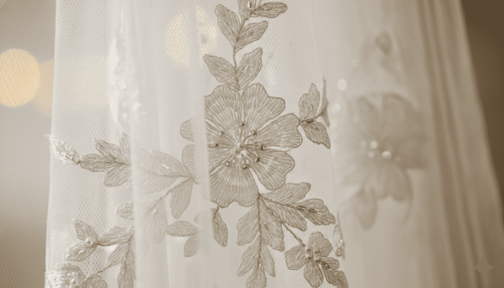 wedding veil fabric showing lace details, embroidery and delicate textures