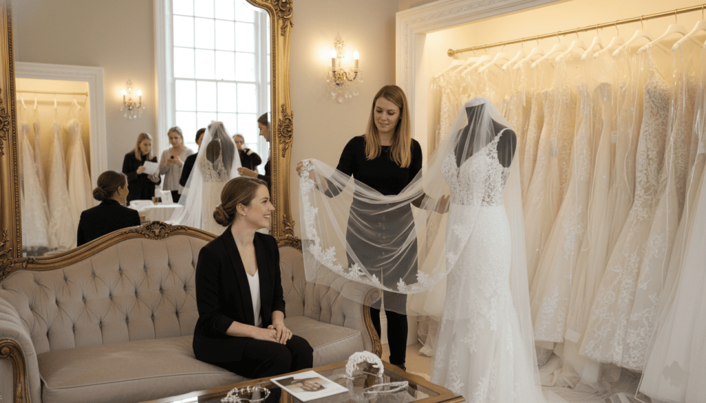 bridal boutique interior, bride trying on different wedding veils with consultant assistance, mirrors, wedding dresses in background