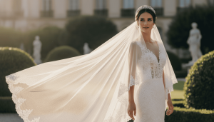 bride wearing a traditional wedding veil outdoors, soft natural light, elegant bridal portrait, realistic fabric texture