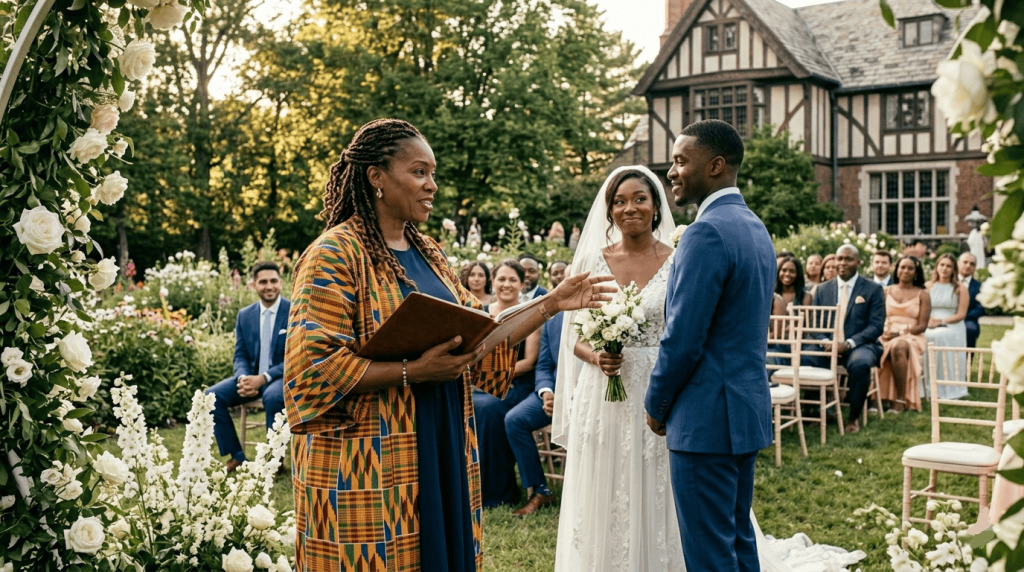 African female officiant confidently leading a marriage ceremony in a garden venue, couple standing before her, guests listening attentively