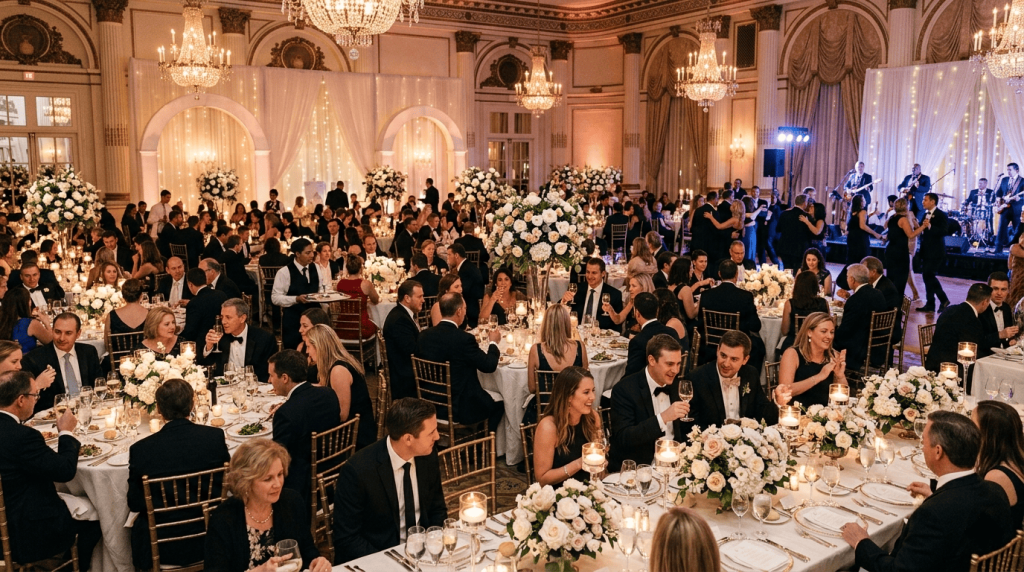 wedding reception in progress, guests dining and celebrating, elegant ballroom, floral centerpieces