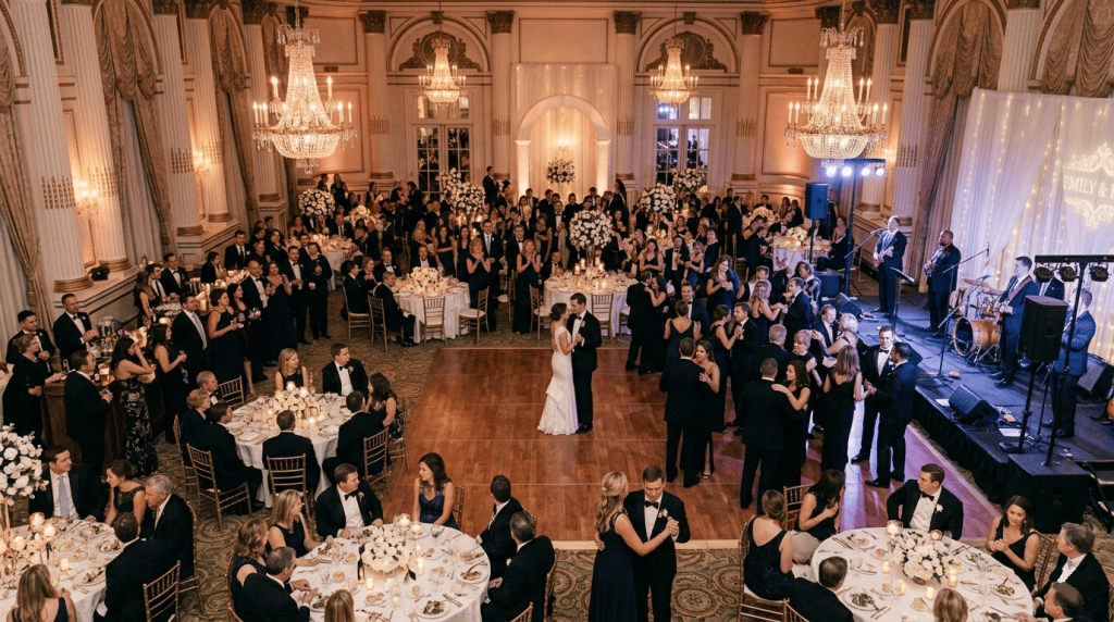 Wedding reception first dance moment, beautifully decorated reception hall, guests watching, emotional atmosphere