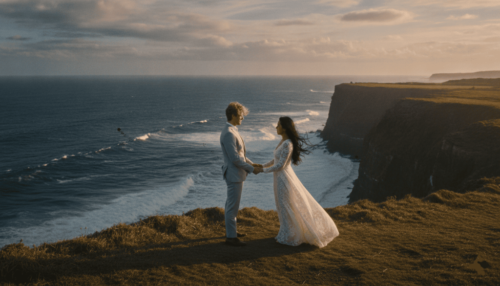 A bride and groom in full wedding attire holding hands on a grassy cliffside overlooking a vast ocean under a sunset sky.