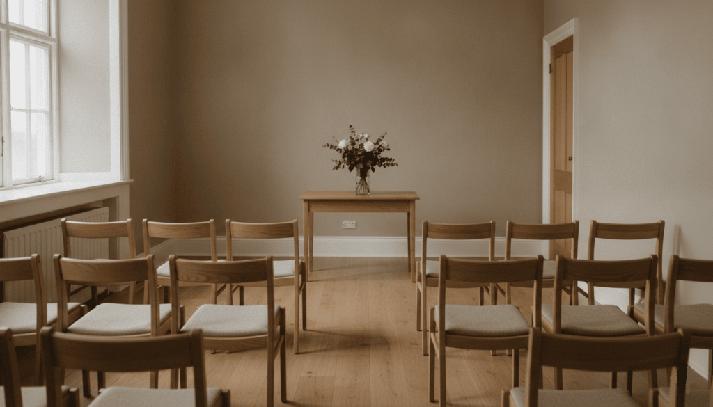 An empty, minimalist wedding ceremony room with sepia tones, featuring wooden chairs arranged in rows facing a small wooden table with a flower bouquet.