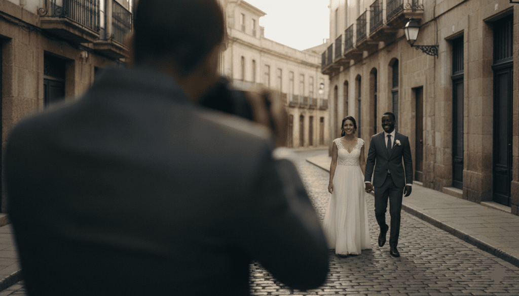 A photographer's over-the-shoulder perspective capturing a newlywed bride and groom in wedding attire walking down a cobblestone street in a European town.