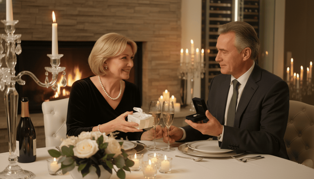 mature couple celebrating their 10th wedding anniversary at home, exchanging gifts over candlelit dinner