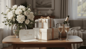 anniversary gift arrangement, elegant gift boxes, flowers, greeting card, champagne glasses, tasteful home decor