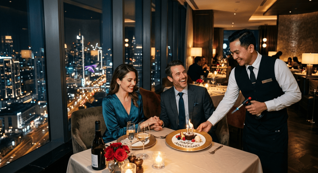 upscale restaurant scene, couple celebrating wedding anniversary, waiter serving dessert, romantic evening atmosphere