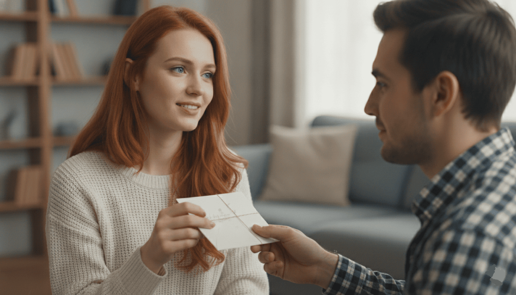 A man handing a simple white paper envelope tied with twine to a smiling redhead woman on a couch.